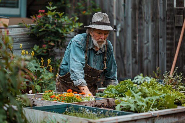 An elderly man with a beard gardening in raised beds filled with lush vegetables and flowers wearing a hat and apron