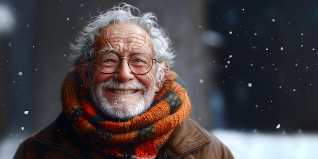 Elderly man with a cheerful smile in winter snow