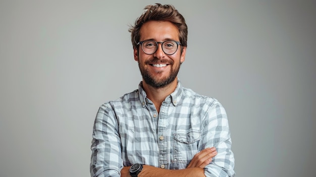 An elderly man with crossed arms smiling on a white background Generative AI