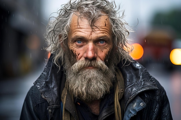 An elderly man with disheveled hair on the street without a home