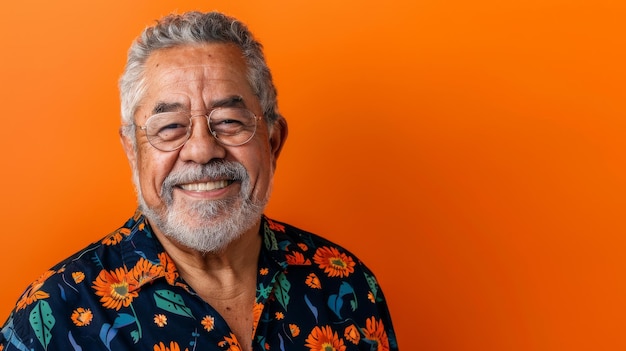 An elderly man with glasses and a floral shirt smiles warmly