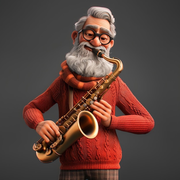 elderly man with a gray beard in a red sweater playing a saxophone