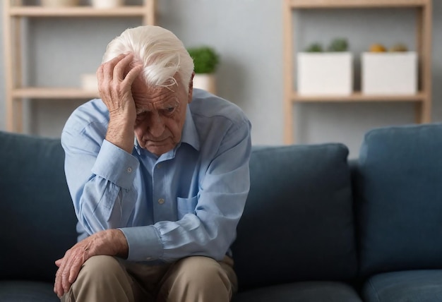 an elderly man with a headache sits on a couch