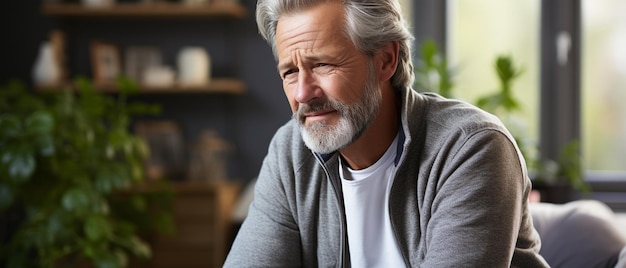 An elderly man with knee problems is seated on a bed in a bedroom