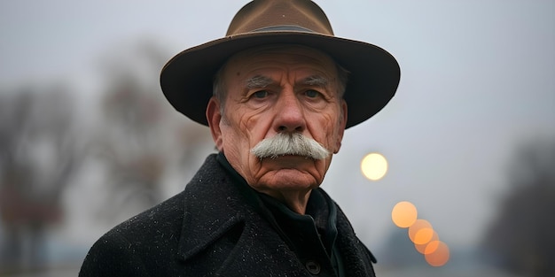 Elderly man with mustache and hat stands under streetlights on a cloudy day Concept Portrait Photography Senior Citizen Streetlights Cloudy Day Mustache and Hat