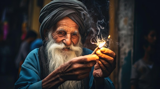 Elderly man with a turban playing with a candle in the street