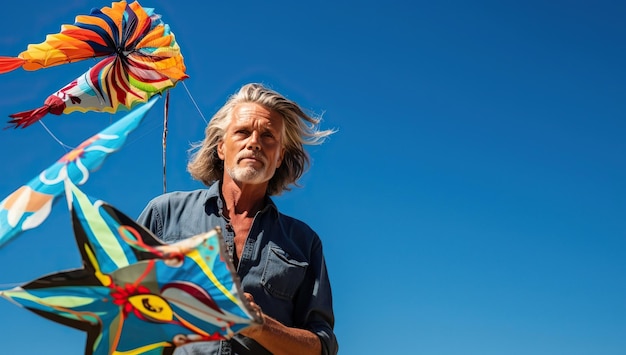 An elderly man with wavy hair holding a colorful pinwheel against a clear sky The concept of freedom and tranquility in older age