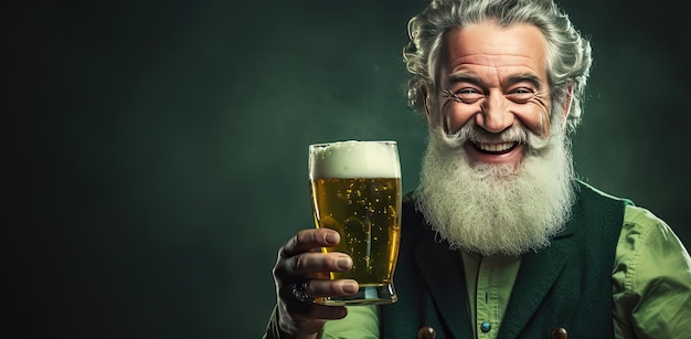 An elderly man with a white beard smiles holding a beer The concept of Saint Patricks Day