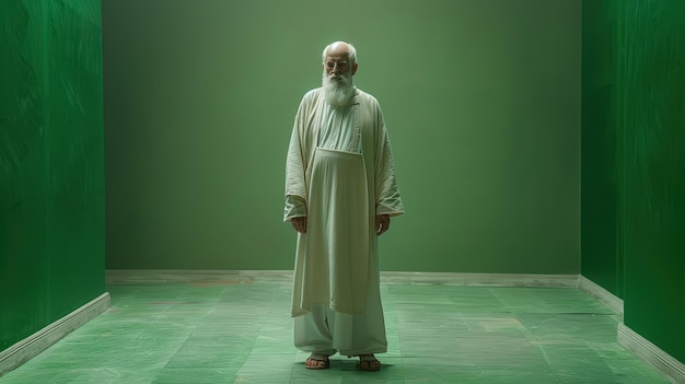 Elderly Man with White Beard in White Robe Standing in Green Room