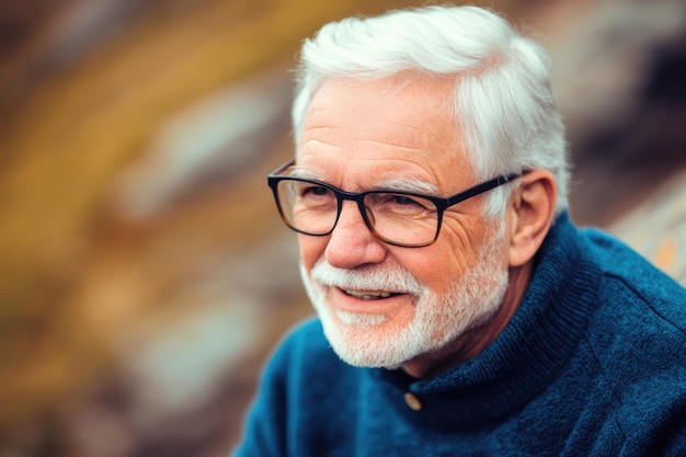 Elderly Man with White Hair and Glasses Smiling Outdoors Portrait of Senior Man Enjoying Nature