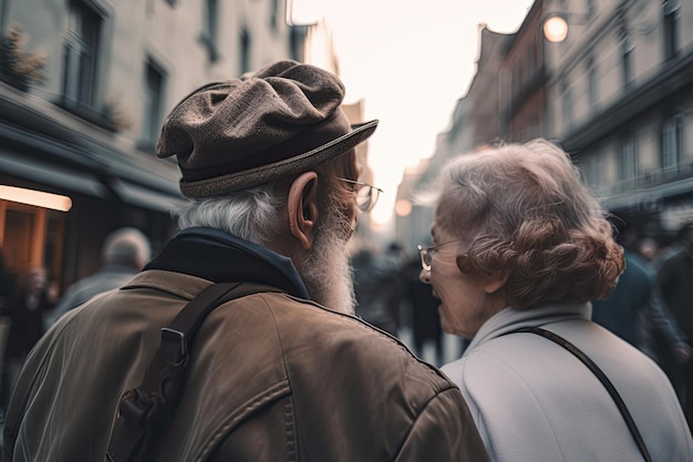 Elderly man and woman are walking togethe Generative AI