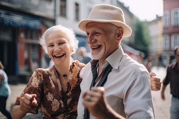 Elderly man and woman are walking together smiling and fooling around Generative AI