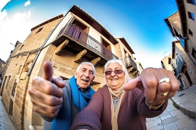 Elderly man and woman are walking together smiling and fooling around Generative AI