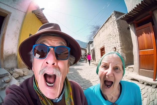 Elderly man and woman are walking together smiling and fooling around Generative AI