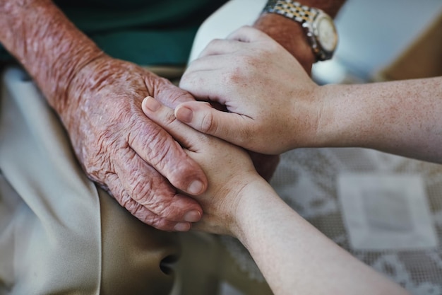 Elderly man woman and holding hands for support with care and empathy while together for closeup Hand of senior male and person for hope trust and kindness or help with life insurance and health