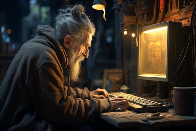 Elderly man working on computer in dim workshop