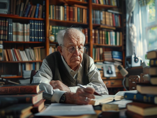 An elderly man writing at a desk in his home library surrounded by books and scholarly materials