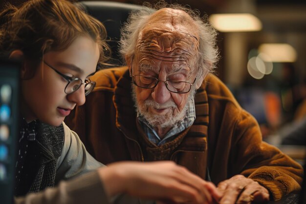 Photo elderly man and young woman collaborating intergenerational learning and bonding