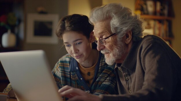 Elderly man and young woman share a moment over a laptop