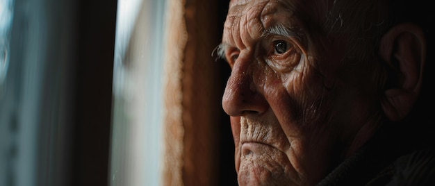 Elderly man39s contemplative gaze out the window enveloped in soft light