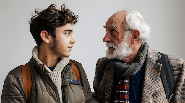 Elderly Mentor Discussing with Young Student in Studio Setting on White Background