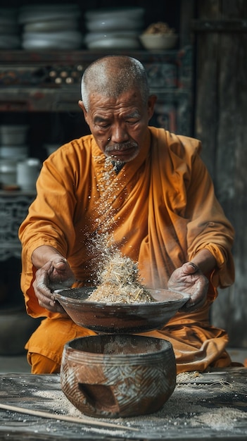 Elderly monk in orange robes sifting rice in a rustic kitchen representing traditional culture and spiritual lifestyle