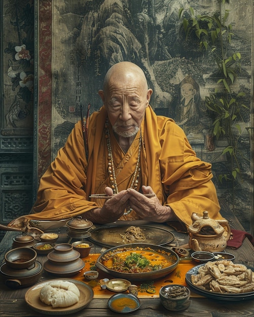 An elderly monk in traditional robes enjoys a peaceful meal with an array of Asian cuisine in a serene rustic setting