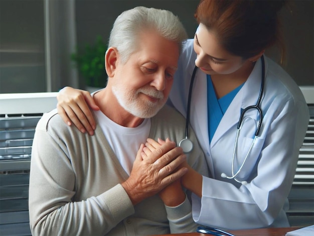 An elderly patient being comforted by Doctor