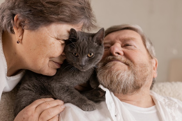 Elderly people take care of cats and enjoy them at home