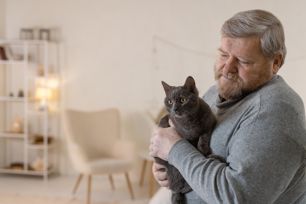 Elderly people take care of cats and enjoy them at home