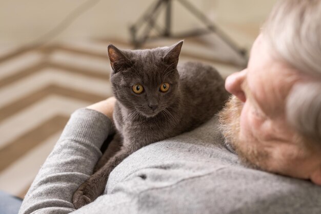 Elderly people take care of cats and enjoy them at home