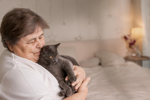 Elderly people take care of cats and enjoy them at home