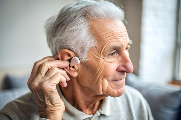 An elderly person adjusting their hearing aid straining to hear a conversation in a crowded room