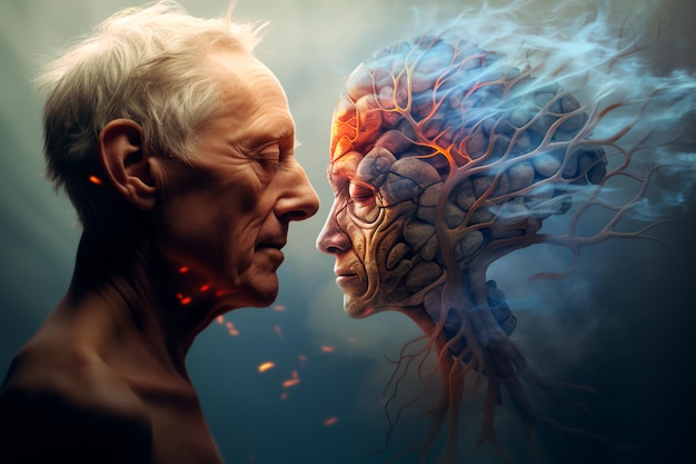 An elderly person and his brain art Concept of Alzheimer's disease dementia AI Generated