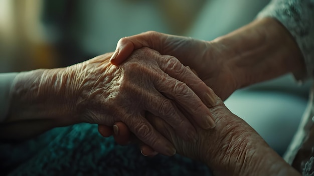 An elderly person holding hands with a caregiver compassion in healthcare