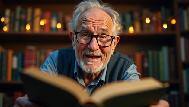 Photo elderly person reading in front of bookshelf