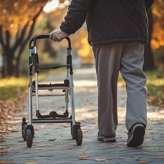 Photo an elderly person using assistive devices such as walkers or hearing aids to improve daily living