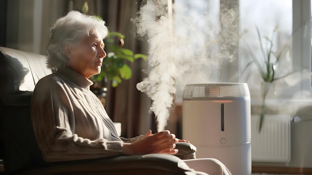 Photo elderly person utilizing air purifier for clean home environment