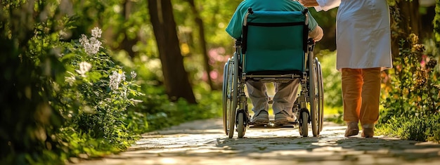 An elderly person in a wheel chair being taken care of by nurse outside A nurse taking