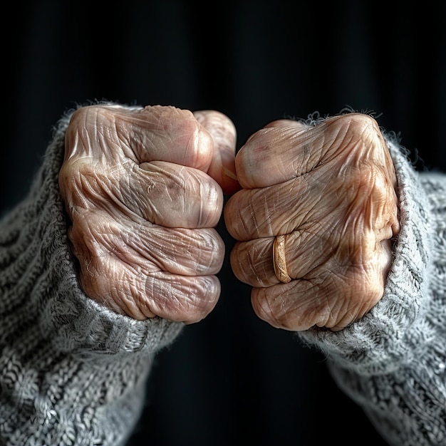 Photo elderly persons fists clenching fingers together wearing gray sweater dark background