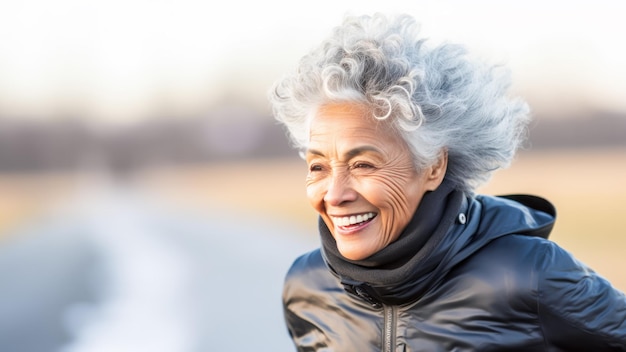 Elderly retired smiling pretty woman having hike in seafront