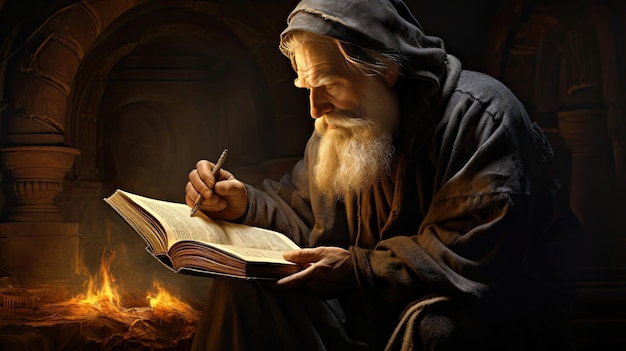 An elderly scholar engrossed in reading a tome