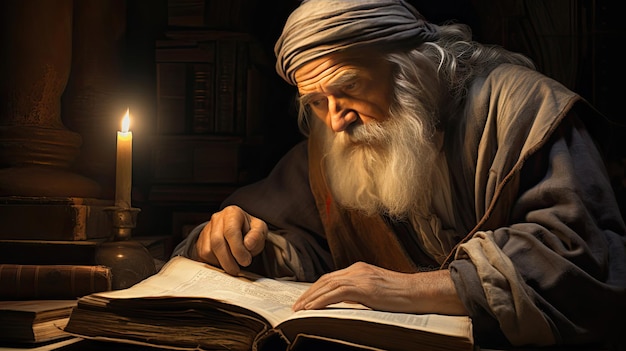 An elderly scholar engrossed in reading a tome