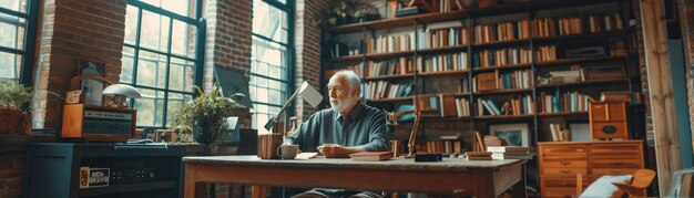 Photo elderly scholar writes notes surrounded by books in a cozy home library with vintage radio and windows