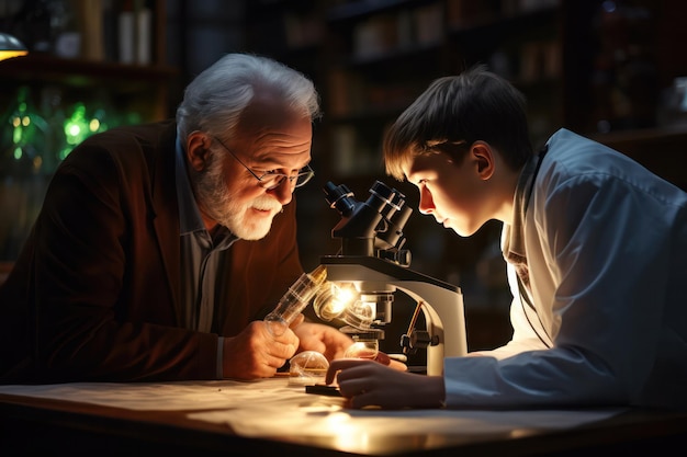 elderly scientist mentors microscope in focus young researcher and student