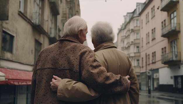 Elderly senior couple hugging and walking or traveling in the city back view AI generated