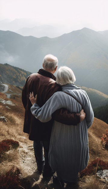 Elderly senior couple hugging while walking or traveling in the mountains rear view AI generated