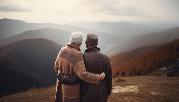 Elderly senior couple hugging while walking or traveling in the mountains rear view AI generated