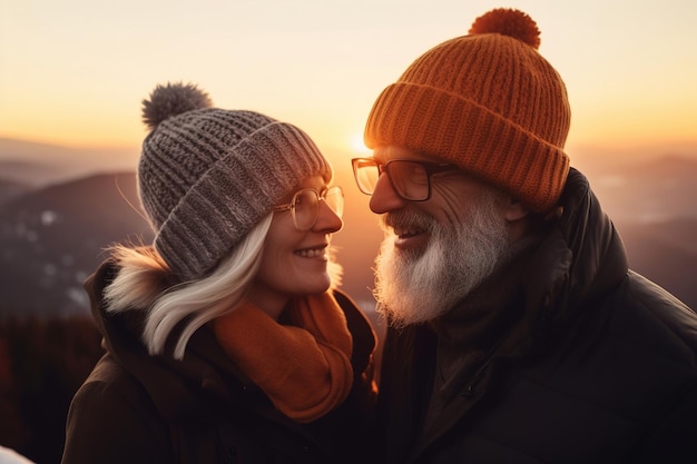 Elderly smiling couple travellers are hiking the mountains with sunset on background generative ai