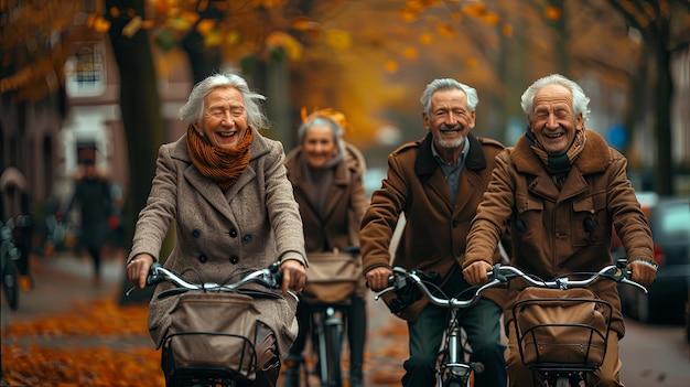 Elderly smiling people riding bicycles